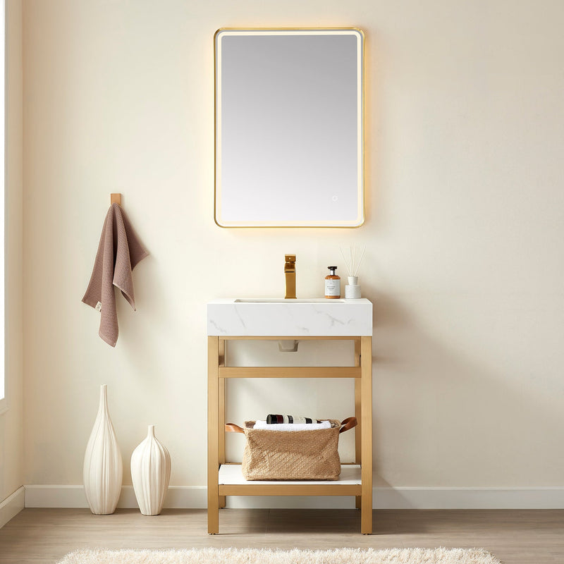 Vinnova 702524-BG-SMB Funes 24" Single Sink Bath Vanity in Brushed Gold Metal Support with White Sintered Stone Top