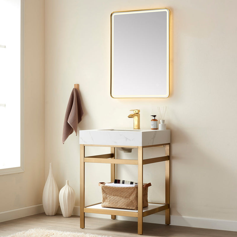 Vinnova 702524-BG-SMB Funes 24" Single Sink Bath Vanity in Brushed Gold Metal Support with White Sintered Stone Top