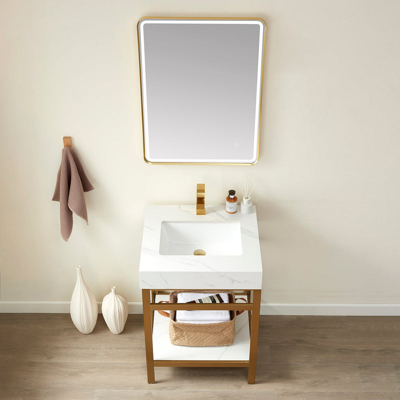 Vinnova 702524-BG-SMB Funes 24" Single Sink Bath Vanity in Brushed Gold Metal Support with White Sintered Stone Top