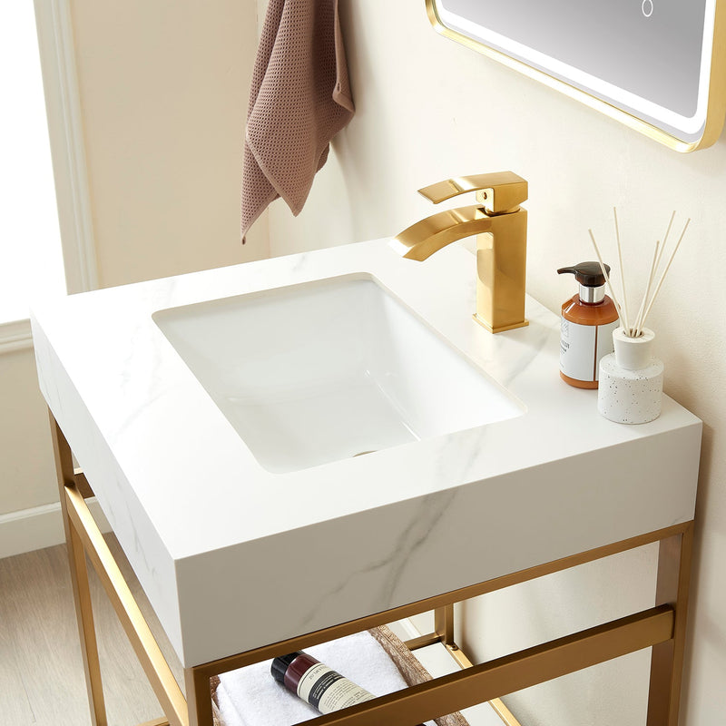 Vinnova 702524-BG-SMB Funes 24" Single Sink Bath Vanity in Brushed Gold Metal Support with White Sintered Stone Top