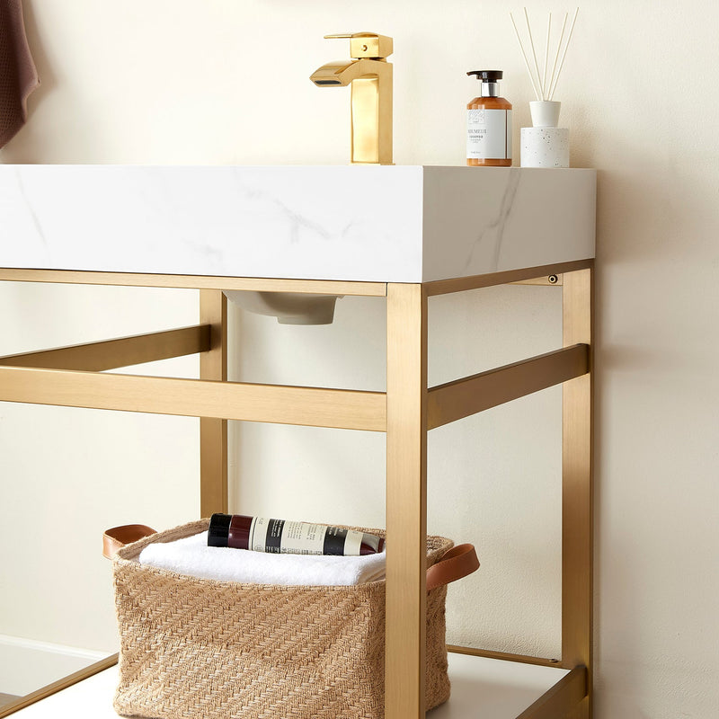 Vinnova 702524-BG-SMB Funes 24" Single Sink Bath Vanity in Brushed Gold Metal Support with White Sintered Stone Top