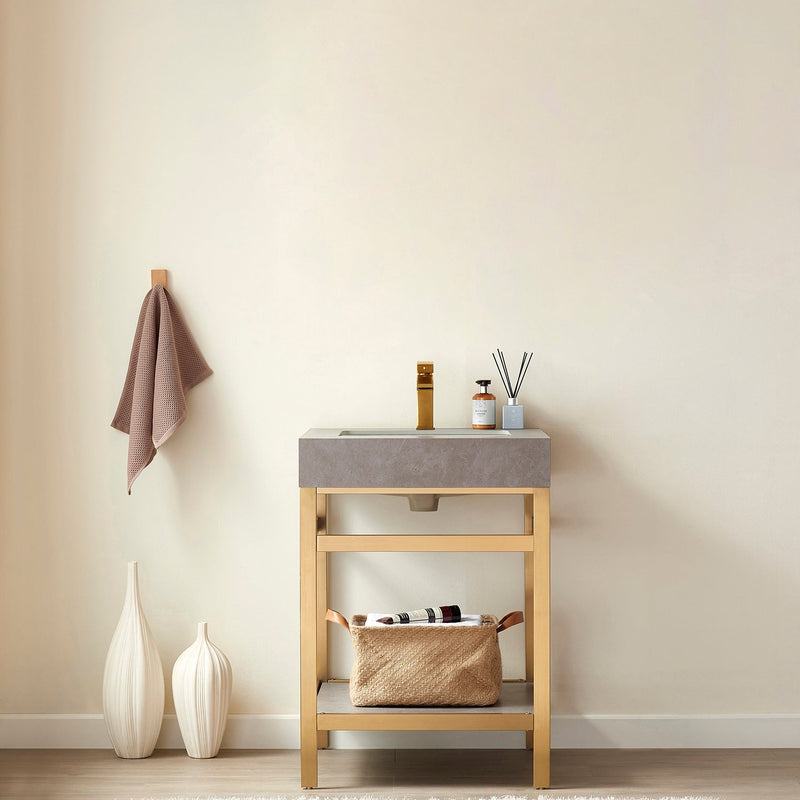 Vinnova 702524-BG-WK Funes 24" Single Sink Bath Vanity in Brushed Gold Metal Support with Grey Sintered Stone Top