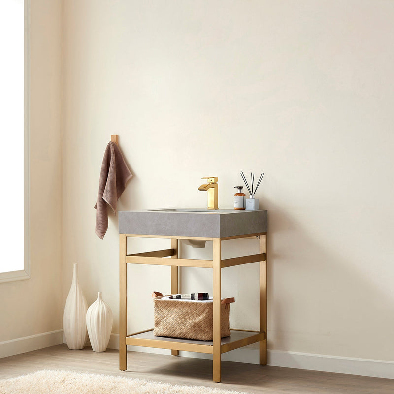 Vinnova 702524-BG-WK Funes 24" Single Sink Bath Vanity in Brushed Gold Metal Support with Grey Sintered Stone Top
