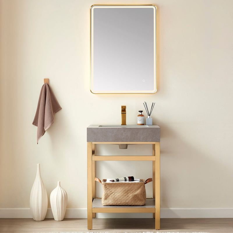 Vinnova 702524-BG-WK Funes 24" Single Sink Bath Vanity in Brushed Gold Metal Support with Grey Sintered Stone Top