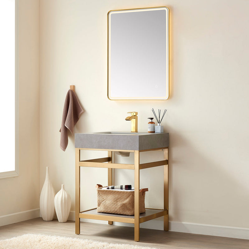 Vinnova 702524-BG-WK Funes 24" Single Sink Bath Vanity in Brushed Gold Metal Support with Grey Sintered Stone Top