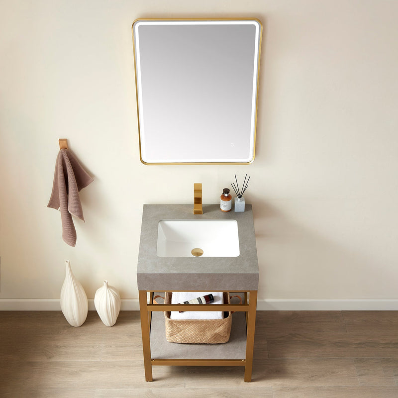 Vinnova 702524-BG-WK Funes 24" Single Sink Bath Vanity in Brushed Gold Metal Support with Grey Sintered Stone Top
