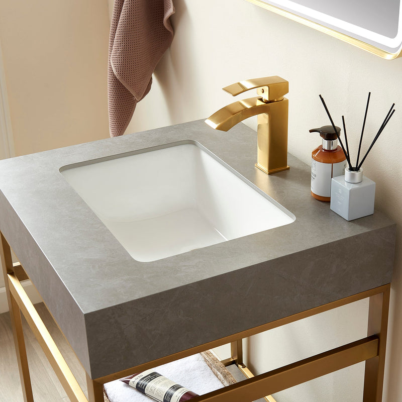 Vinnova 702524-BG-WK Funes 24" Single Sink Bath Vanity in Brushed Gold Metal Support with Grey Sintered Stone Top