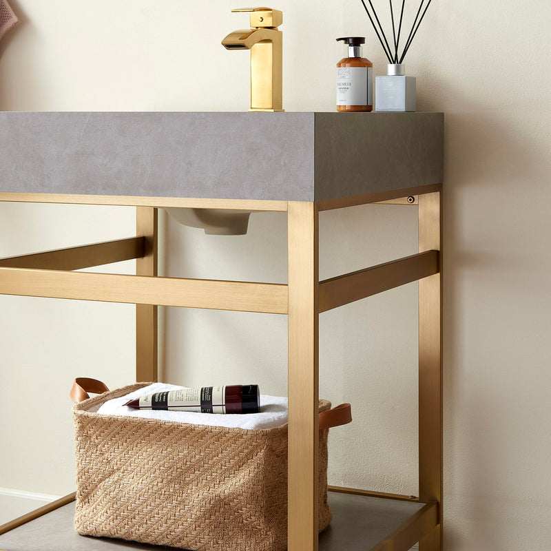 Vinnova 702524-BG-WK Funes 24" Single Sink Bath Vanity in Brushed Gold Metal Support with Grey Sintered Stone Top