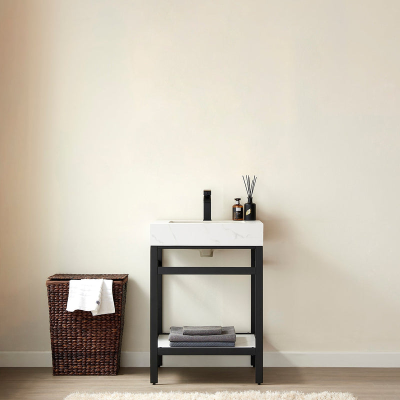 Vinnova 702524-TB-SMB Funes 24" Single Sink Bath Vanity in Matte Black Metal Support with White Sintered Stone Top