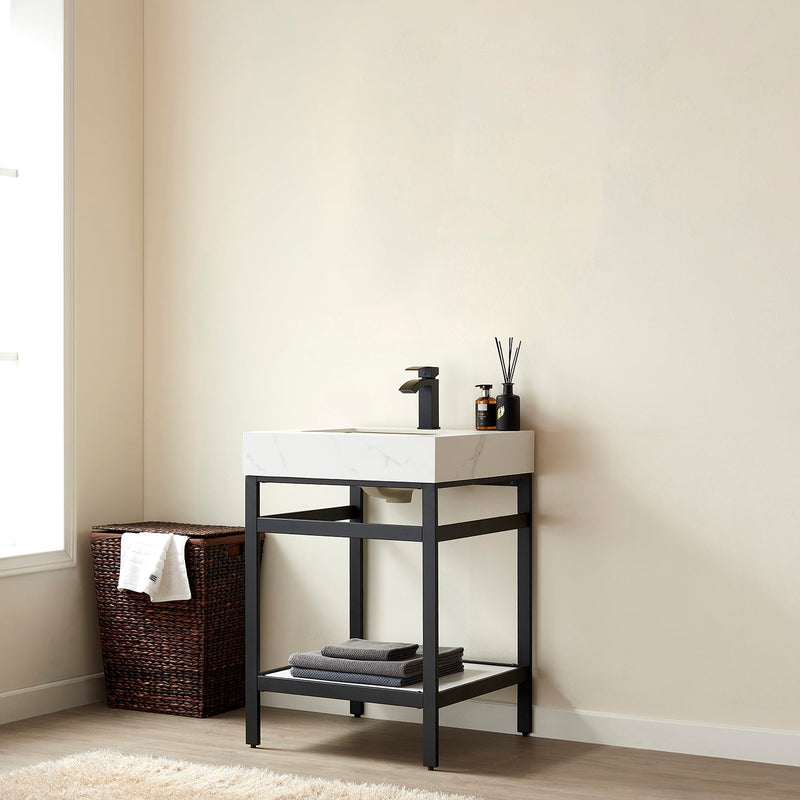 Vinnova 702524-TB-SMB Funes 24" Single Sink Bath Vanity in Matte Black Metal Support with White Sintered Stone Top