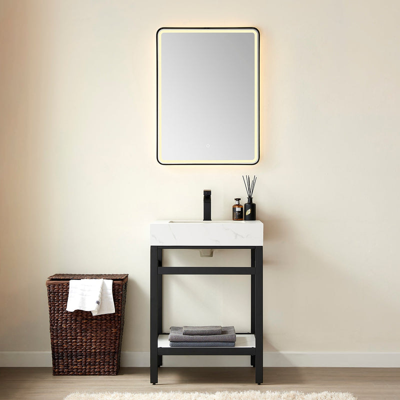Vinnova 702524-TB-SMB Funes 24" Single Sink Bath Vanity in Matte Black Metal Support with White Sintered Stone Top