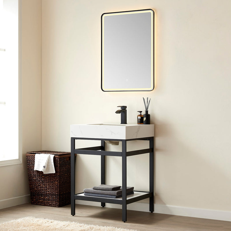 Vinnova 702524-TB-SMB Funes 24" Single Sink Bath Vanity in Matte Black Metal Support with White Sintered Stone Top