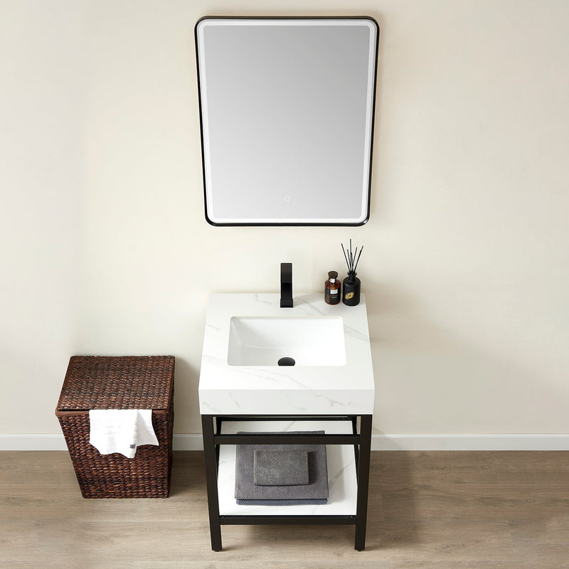 Vinnova 702524-TB-SMB Funes 24" Single Sink Bath Vanity in Matte Black Metal Support with White Sintered Stone Top