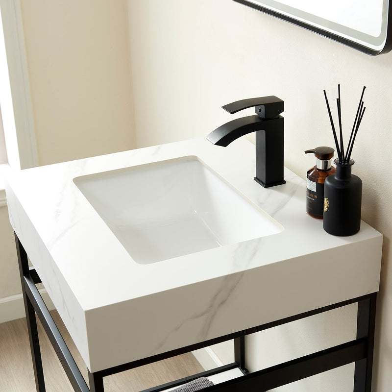 Vinnova 702524-TB-SMB Funes 24" Single Sink Bath Vanity in Matte Black Metal Support with White Sintered Stone Top