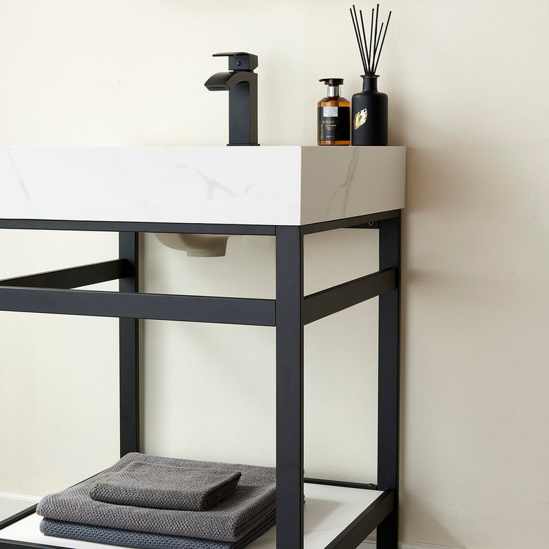Vinnova 702524-TB-SMB Funes 24" Single Sink Bath Vanity in Matte Black Metal Support with White Sintered Stone Top