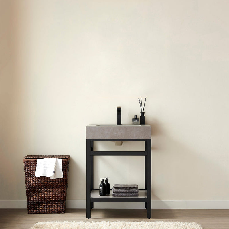 Vinnova 702524-TB-WK Funes 24" Single Sink Bath Vanity in Matte Black Metal Support with Grey Sintered Stone Top