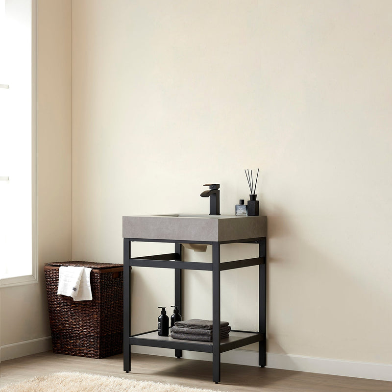 Vinnova 702524-TB-WK Funes 24" Single Sink Bath Vanity in Matte Black Metal Support with Grey Sintered Stone Top