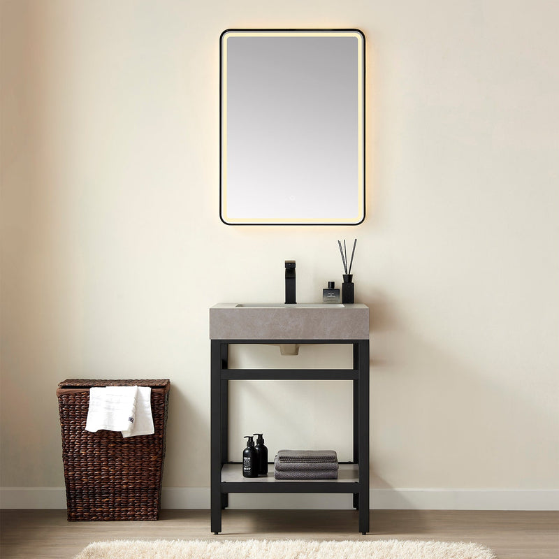 Vinnova 702524-TB-WK Funes 24" Single Sink Bath Vanity in Matte Black Metal Support with Grey Sintered Stone Top