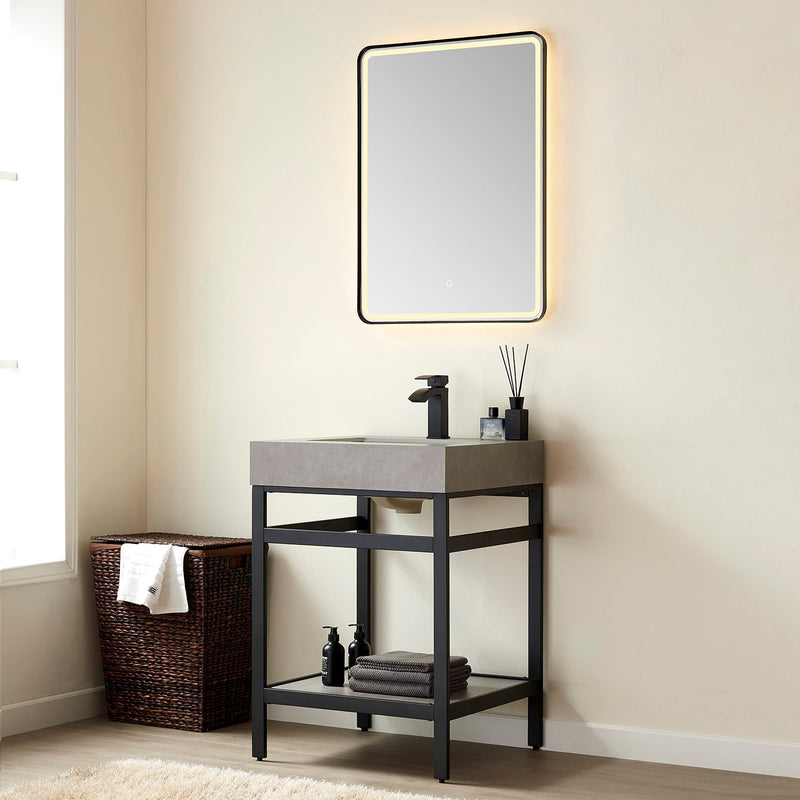 Vinnova 702524-TB-WK Funes 24" Single Sink Bath Vanity in Matte Black Metal Support with Grey Sintered Stone Top