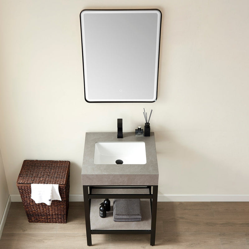 Vinnova 702524-TB-WK Funes 24" Single Sink Bath Vanity in Matte Black Metal Support with Grey Sintered Stone Top