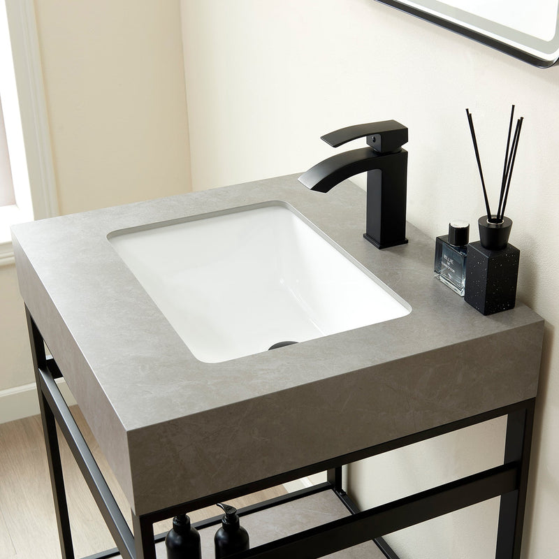 Vinnova 702524-TB-WK Funes 24" Single Sink Bath Vanity in Matte Black Metal Support with Grey Sintered Stone Top