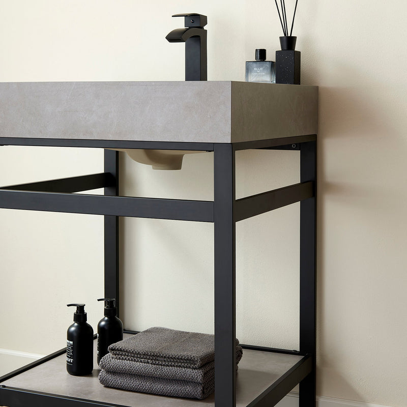 Vinnova 702524-TB-WK Funes 24" Single Sink Bath Vanity in Matte Black Metal Support with Grey Sintered Stone Top