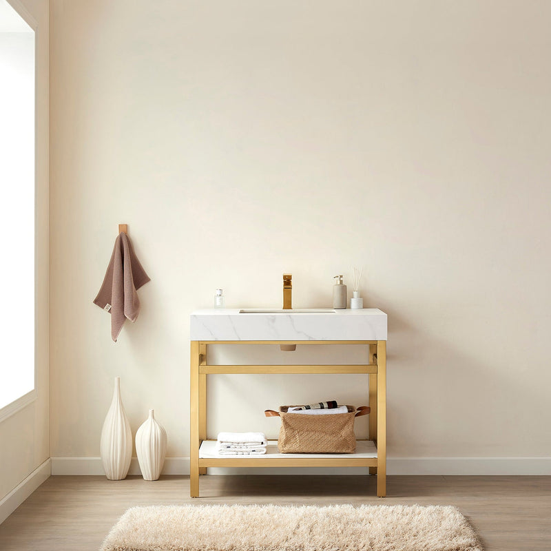 Vinnova 702536-BG-SMB Funes 36" Single Sink Bath Vanity in Brushed Gold Metal Support with White Sintered Stone Top