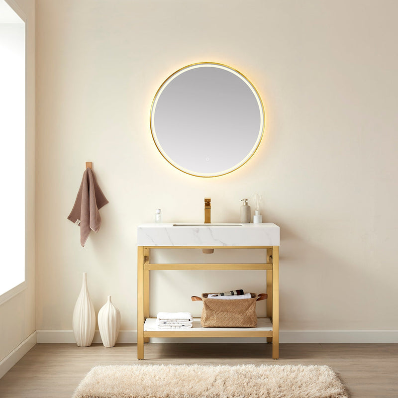 Vinnova 702536-BG-SMB Funes 36" Single Sink Bath Vanity in Brushed Gold Metal Support with White Sintered Stone Top