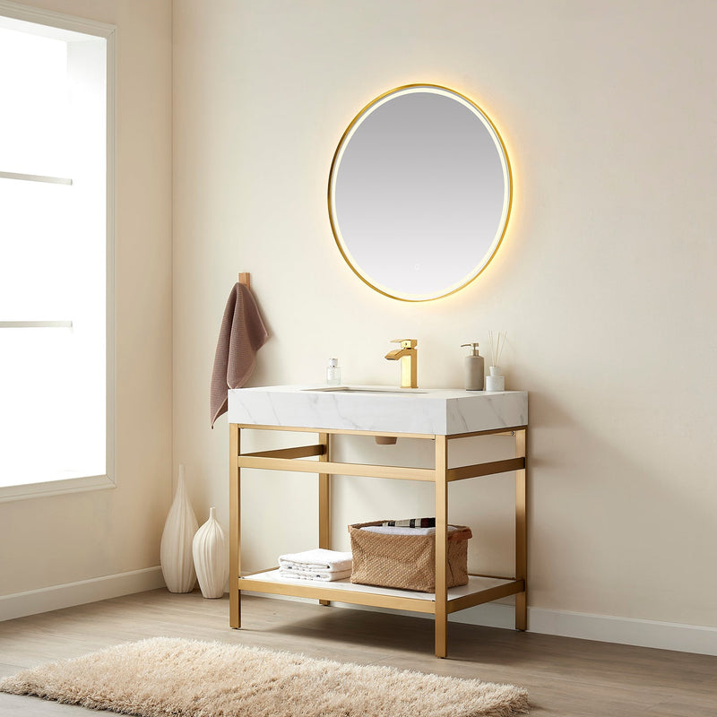 Vinnova 702536-BG-SMB Funes 36" Single Sink Bath Vanity in Brushed Gold Metal Support with White Sintered Stone Top