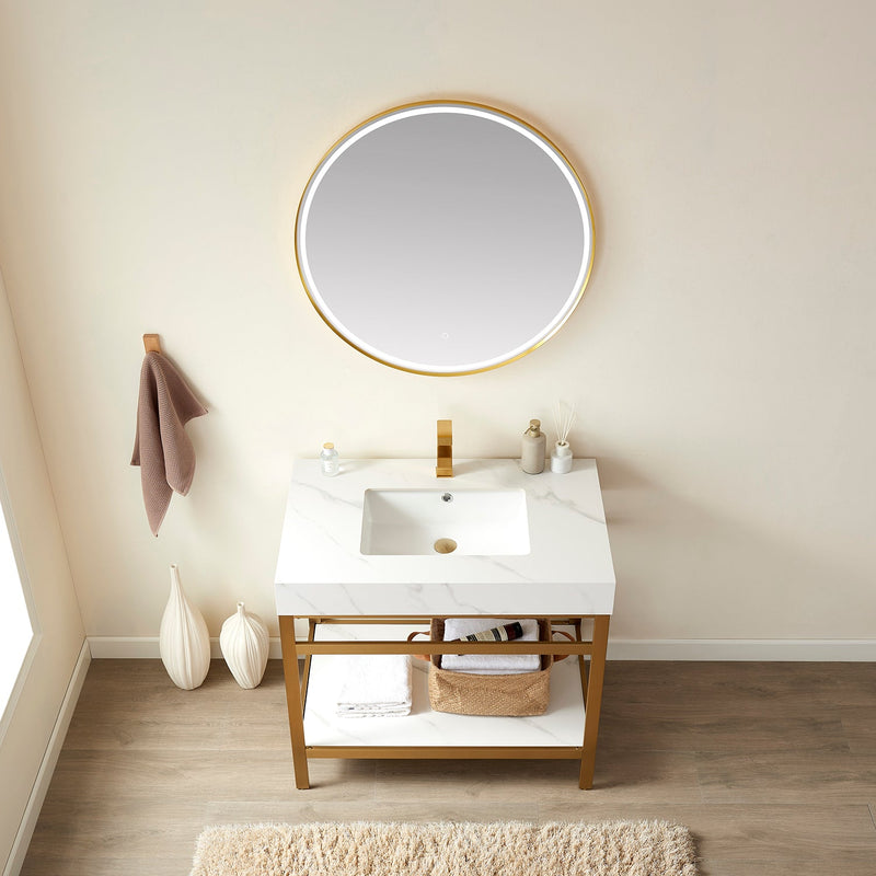 Vinnova 702536-BG-SMB Funes 36" Single Sink Bath Vanity in Brushed Gold Metal Support with White Sintered Stone Top