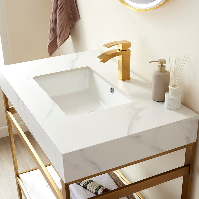 Vinnova 702536-BG-SMB Funes 36" Single Sink Bath Vanity in Brushed Gold Metal Support with White Sintered Stone Top
