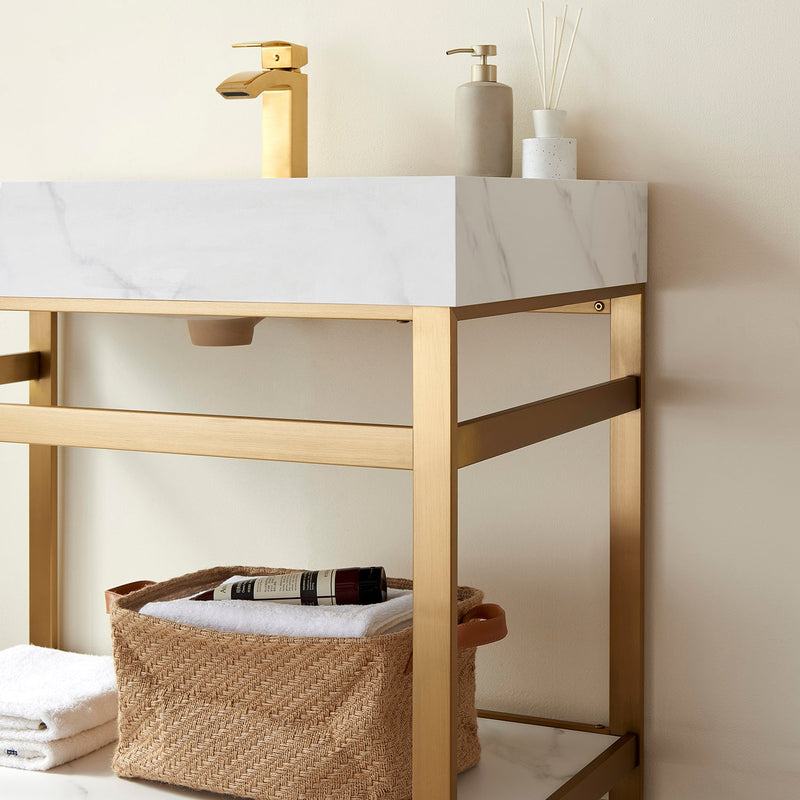 Vinnova 702536-BG-SMB Funes 36" Single Sink Bath Vanity in Brushed Gold Metal Support with White Sintered Stone Top