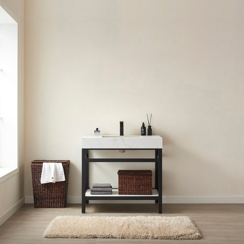 Vinnova 702536-TB-SMB Funes 36" Single Sink Bath Vanity in Matte Black Metal Support with White Sintered Stone Top