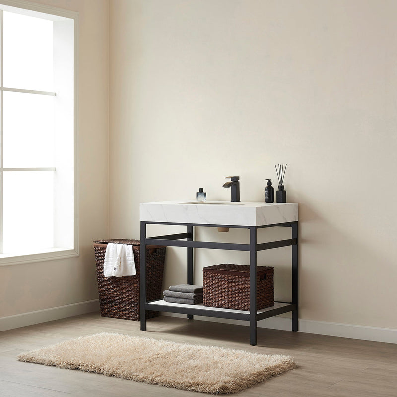 Vinnova 702536-TB-SMB Funes 36" Single Sink Bath Vanity in Matte Black Metal Support with White Sintered Stone Top
