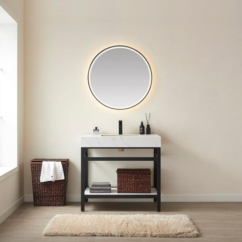 Vinnova 702536-TB-SMB Funes 36" Single Sink Bath Vanity in Matte Black Metal Support with White Sintered Stone Top
