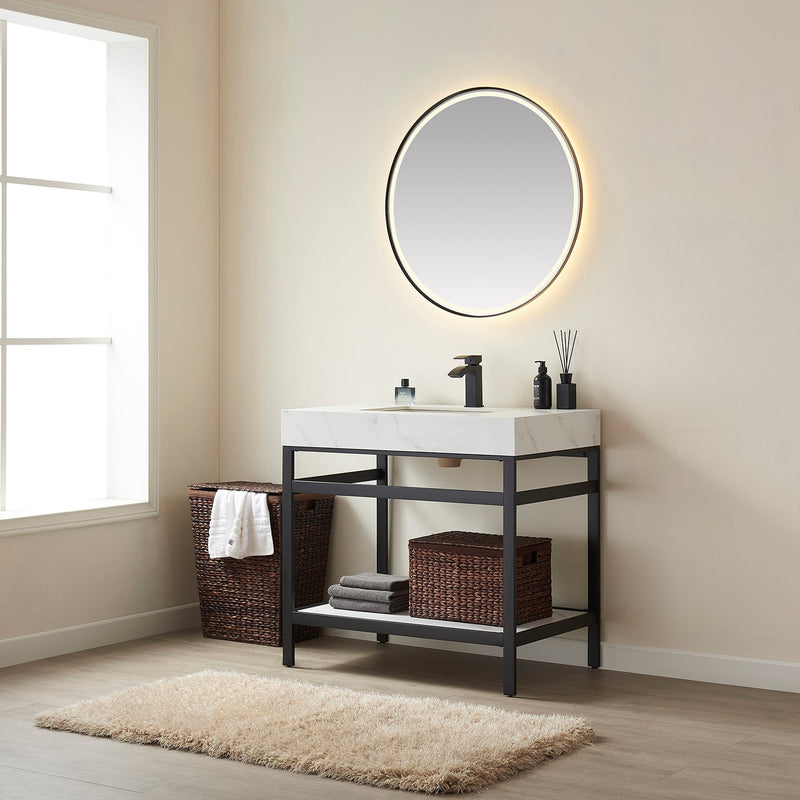 Vinnova 702536-TB-SMB Funes 36" Single Sink Bath Vanity in Matte Black Metal Support with White Sintered Stone Top