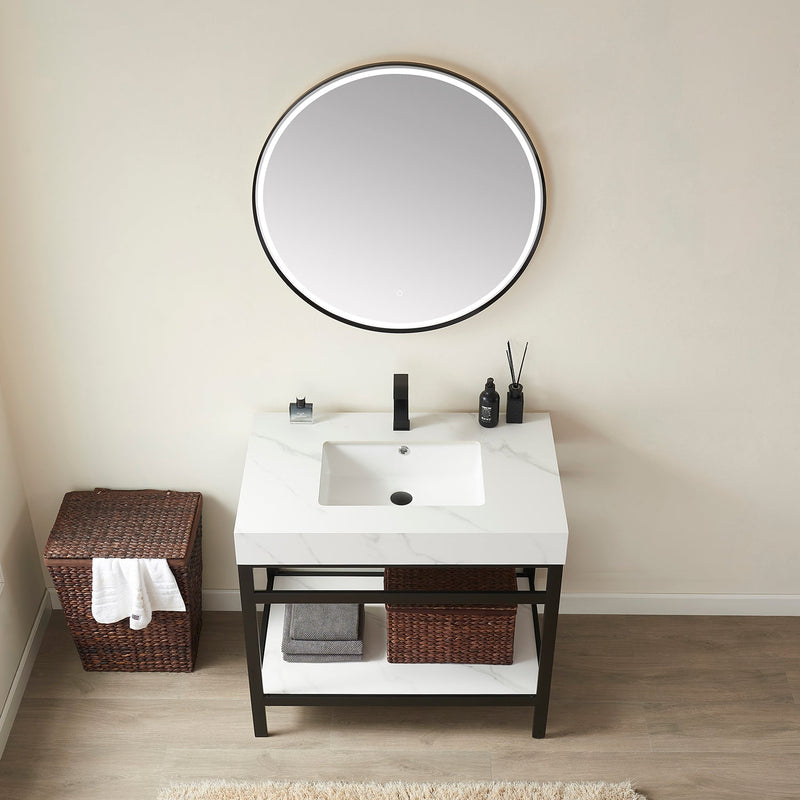 Vinnova 702536-TB-SMB Funes 36" Single Sink Bath Vanity in Matte Black Metal Support with White Sintered Stone Top