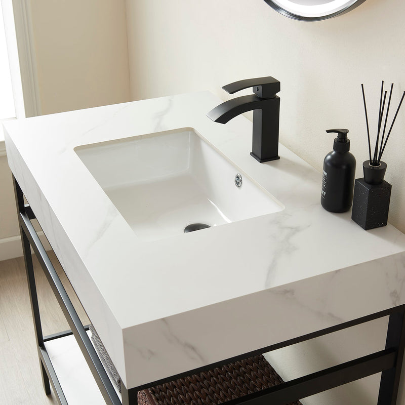 Vinnova 702536-TB-SMB Funes 36" Single Sink Bath Vanity in Matte Black Metal Support with White Sintered Stone Top