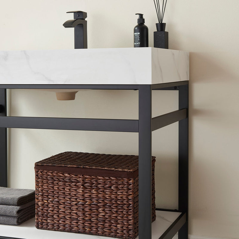 Vinnova 702536-TB-SMB Funes 36" Single Sink Bath Vanity in Matte Black Metal Support with White Sintered Stone Top