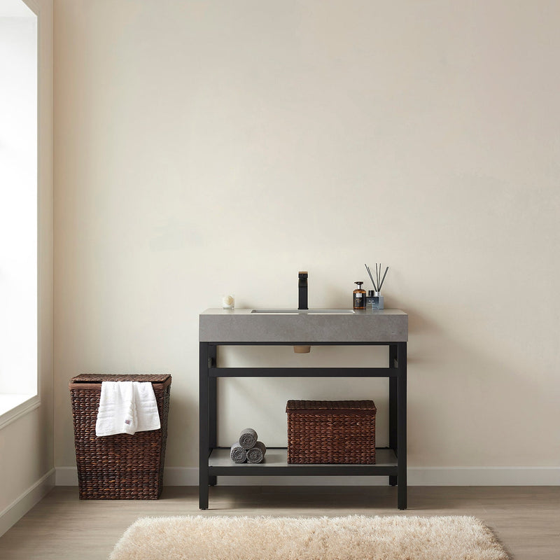 Vinnova 702536-TB-WK Funes 36" Single Sink Bath Vanity in Matte Black Metal Support with Grey Sintered Stone Top - view 2
