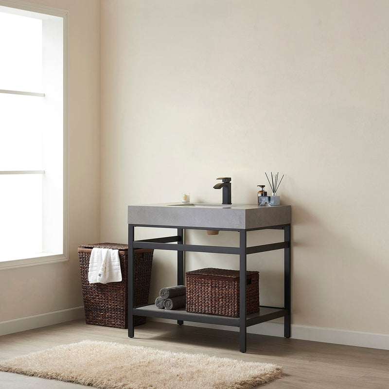 Vinnova 702536-TB-WK Funes 36" Single Sink Bath Vanity in Matte Black Metal Support with Grey Sintered Stone Top - view 4
