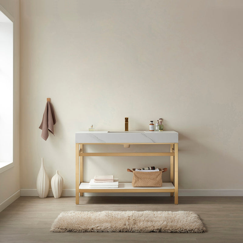 Vinnova 702548-BG-SMB Funes 48" Single Sink Bath Vanity in Brushed Gold Metal Support with White Sintered Stone Top