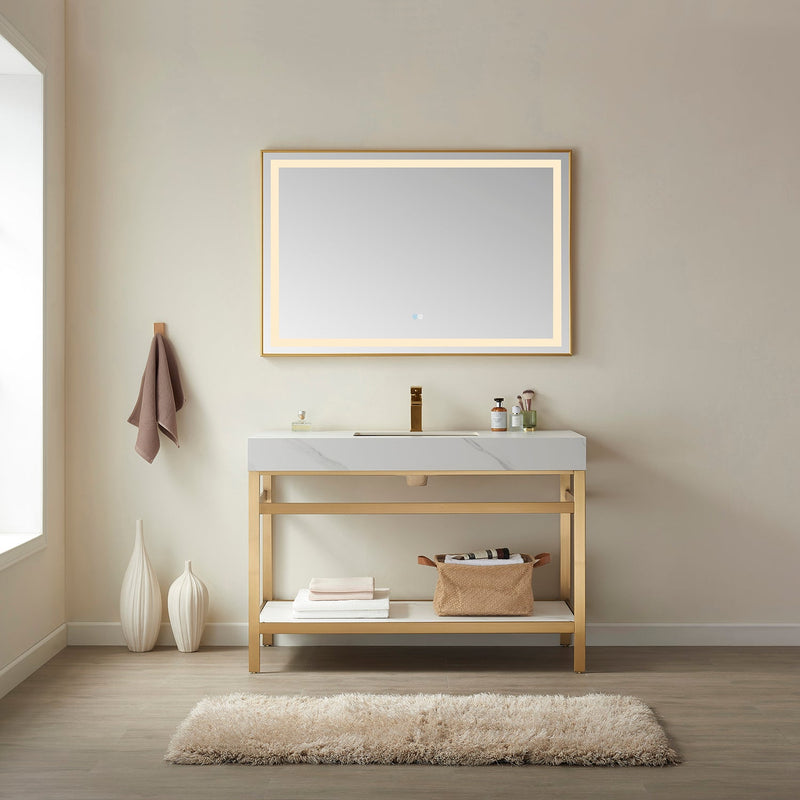 Vinnova 702548-BG-SMB Funes 48" Single Sink Bath Vanity in Brushed Gold Metal Support with White Sintered Stone Top