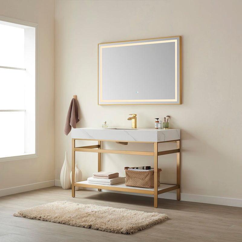 Vinnova 702548-BG-SMB Funes 48" Single Sink Bath Vanity in Brushed Gold Metal Support with White Sintered Stone Top
