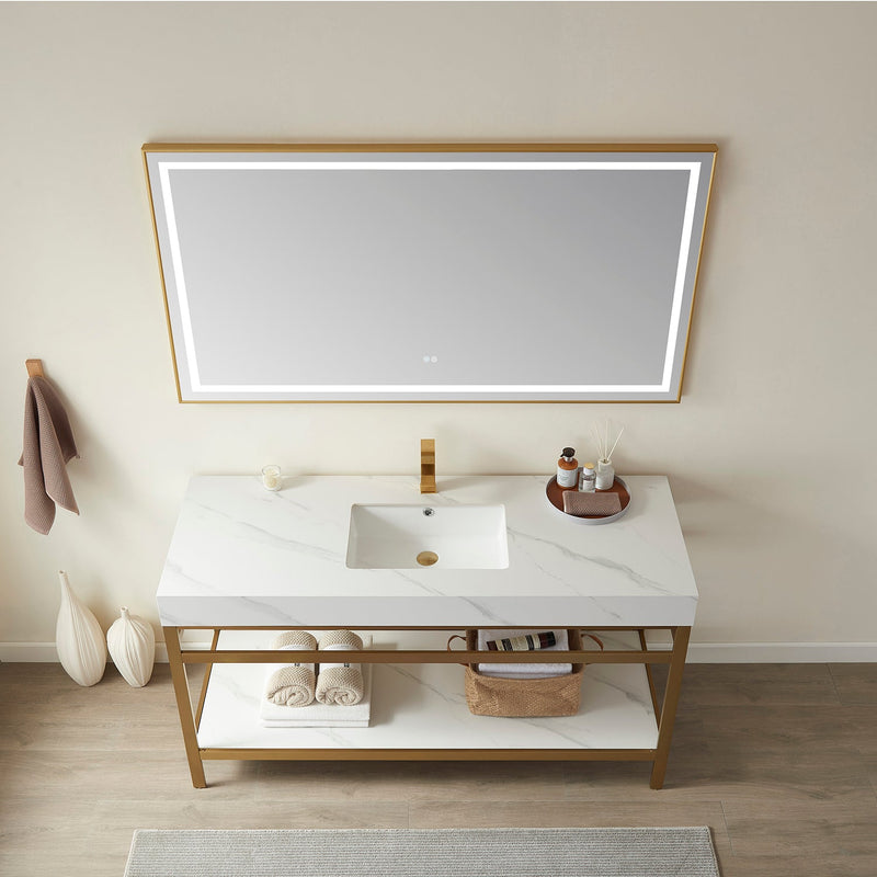 Vinnova 702548-BG-SMB Funes 48" Single Sink Bath Vanity in Brushed Gold Metal Support with White Sintered Stone Top