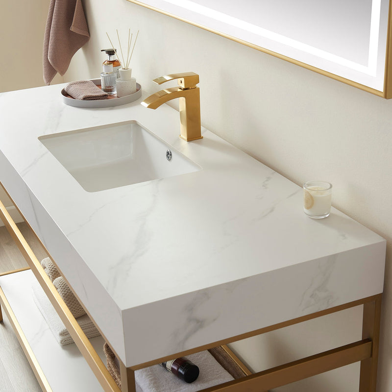 Vinnova 702548-BG-SMB Funes 48" Single Sink Bath Vanity in Brushed Gold Metal Support with White Sintered Stone Top