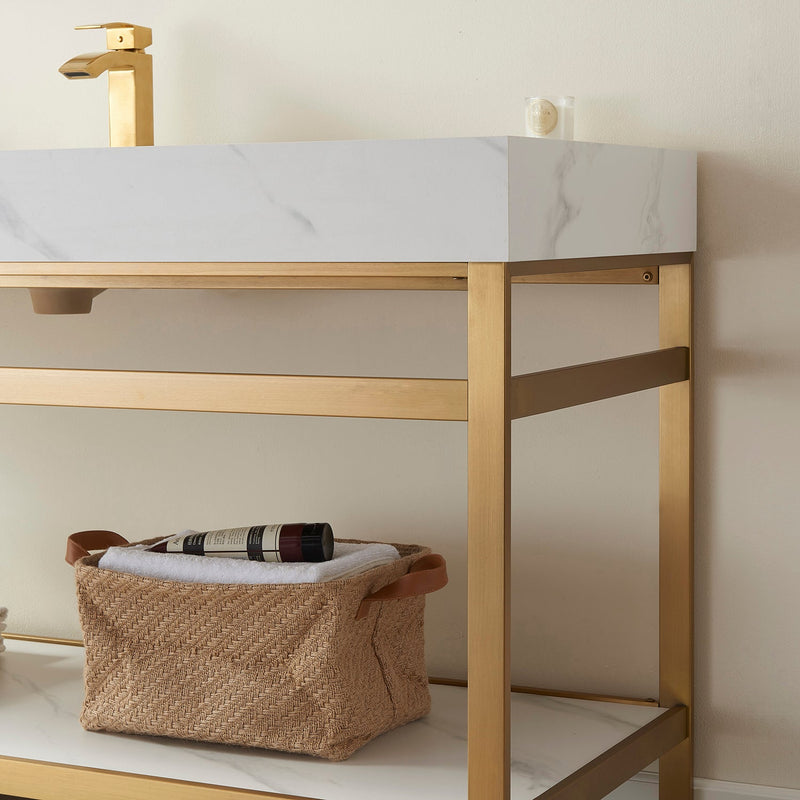 Vinnova 702548-BG-SMB Funes 48" Single Sink Bath Vanity in Brushed Gold Metal Support with White Sintered Stone Top