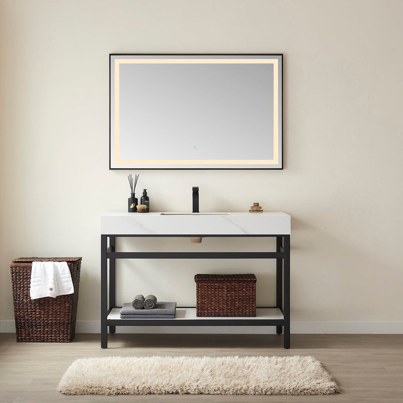 Vinnova 702548-TB-SMB Funes 48" Single Sink Bath Vanity in Matte Black Metal Support with White Sintered Stone Top
