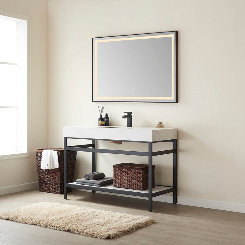 Vinnova 702548-TB-SMB Funes 48" Single Sink Bath Vanity in Matte Black Metal Support with White Sintered Stone Top