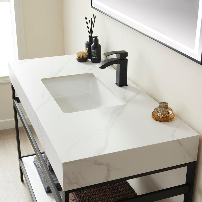 Vinnova 702548-TB-SMB Funes 48" Single Sink Bath Vanity in Matte Black Metal Support with White Sintered Stone Top